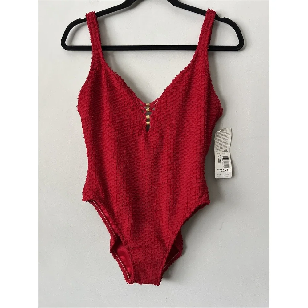 Vintage 80's/90's Sassafras Textured Red One Piece Swimsuit Size 11/12 USA Sexy
